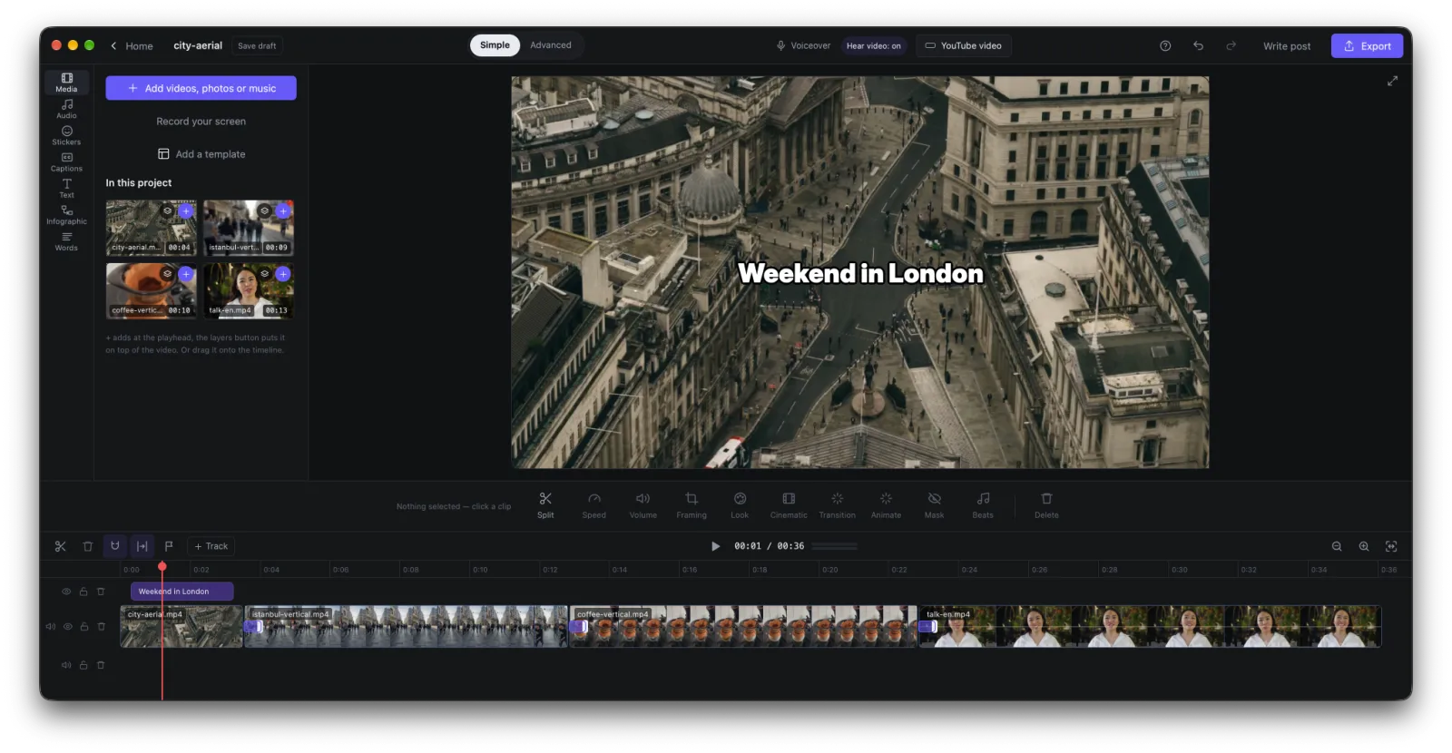 Film Desk video editor with a multi-track timeline.