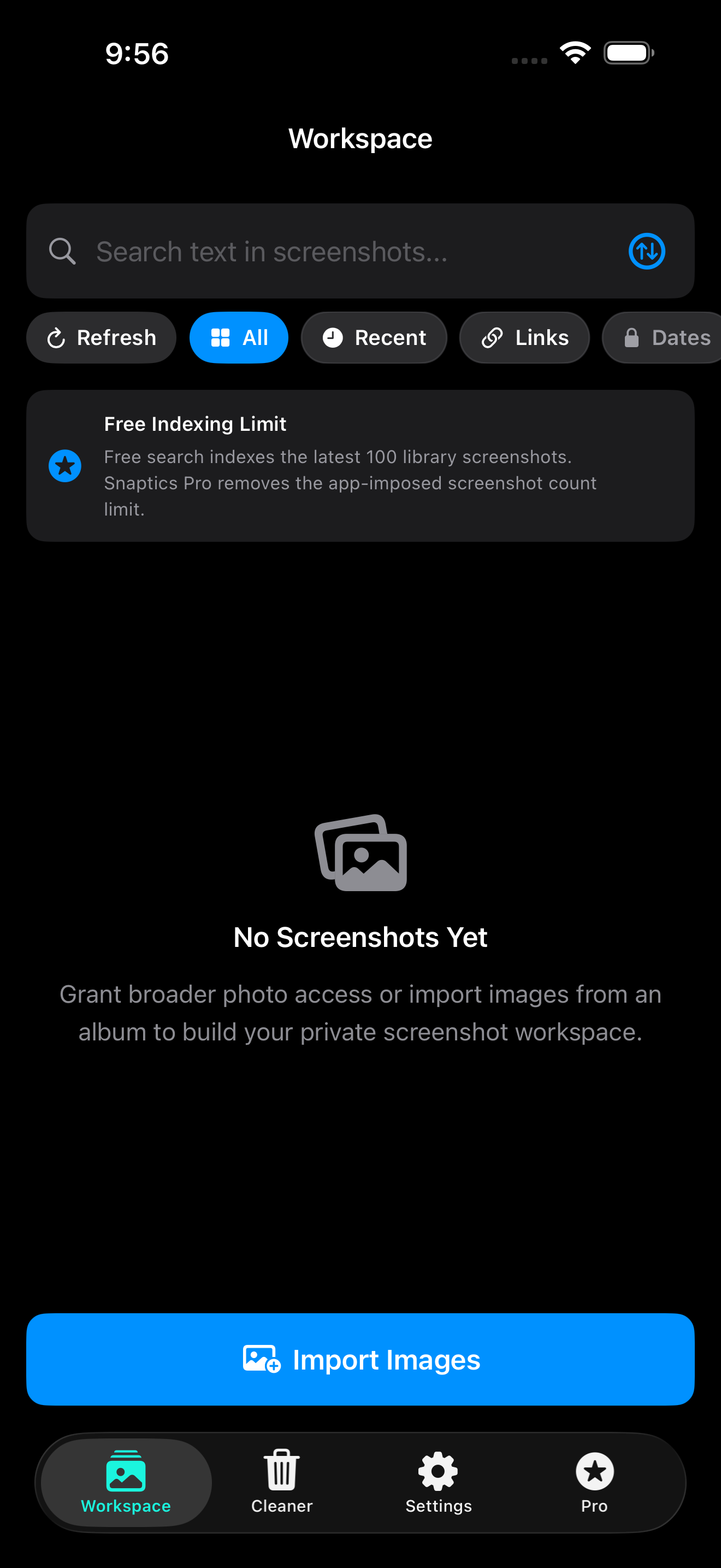 Snaptics workspace screen showing local screenshot search, filters, import, and navigation